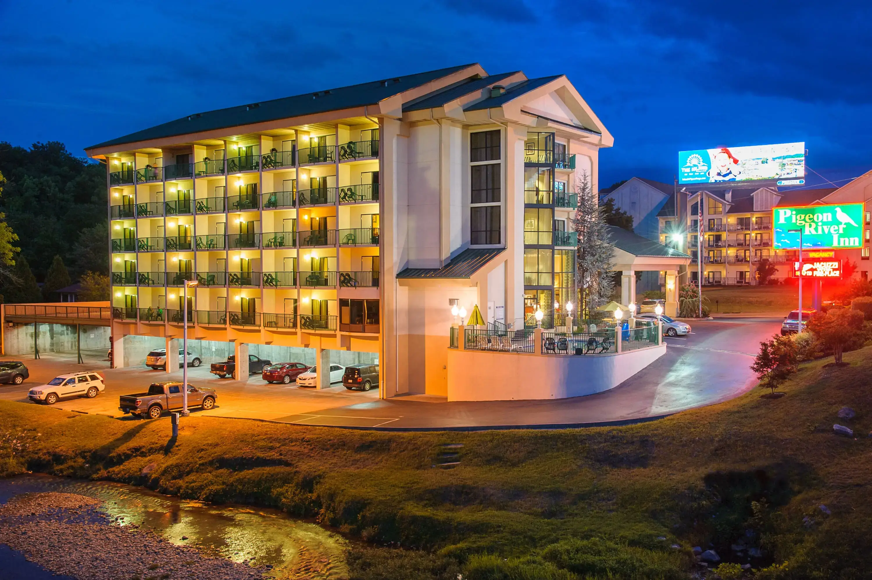Pigeon River Inn lit up at night